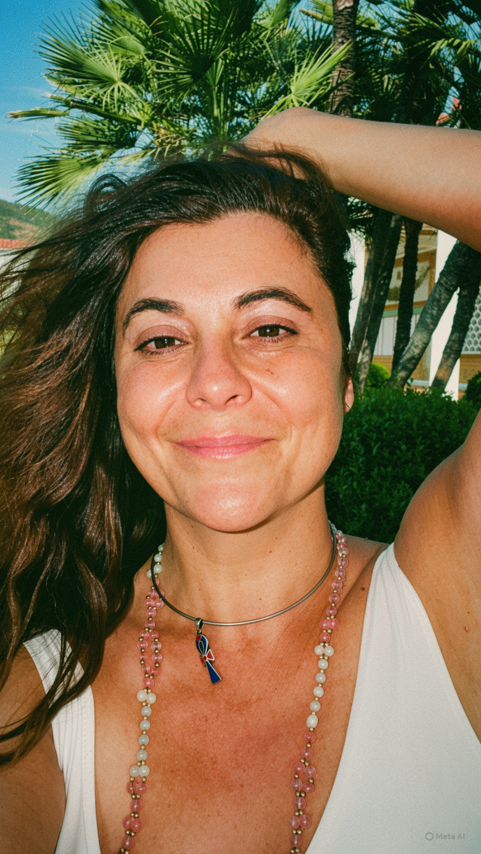 Woman smiling outdoors with palm trees in background, wearing a white top and beaded necklace.