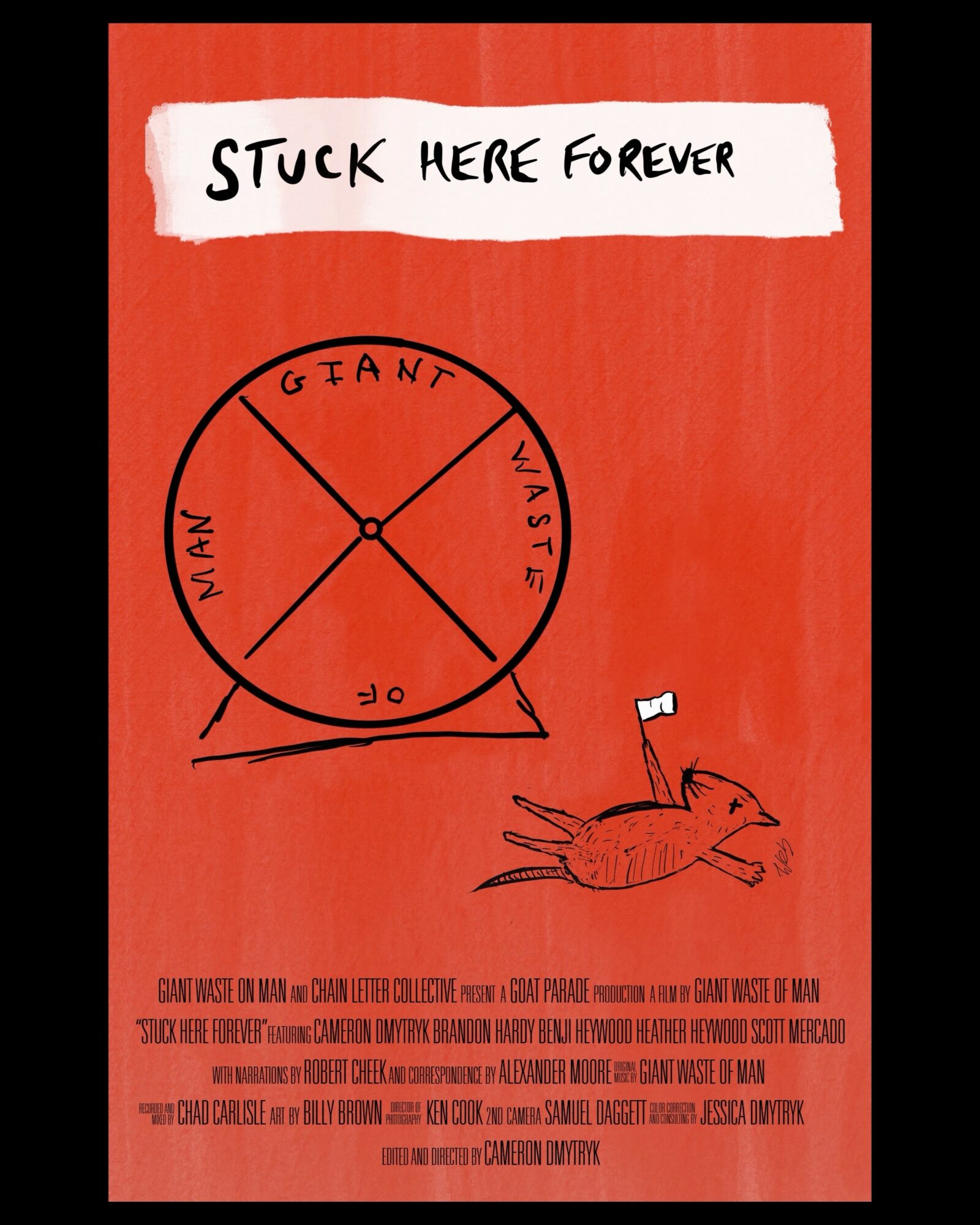 Red background with a clock and a rabbit, with a note saying 'Stuck here forever'.