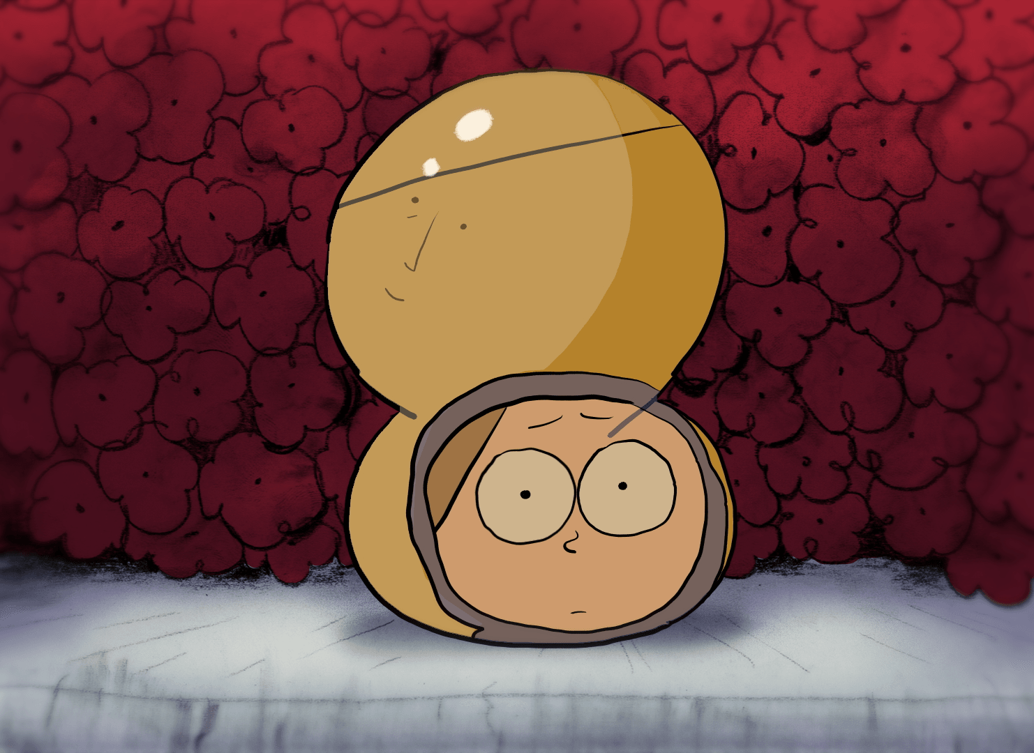 A cartoon character with a large round head and glasses, inside a round capsule, in front of a red textured background.