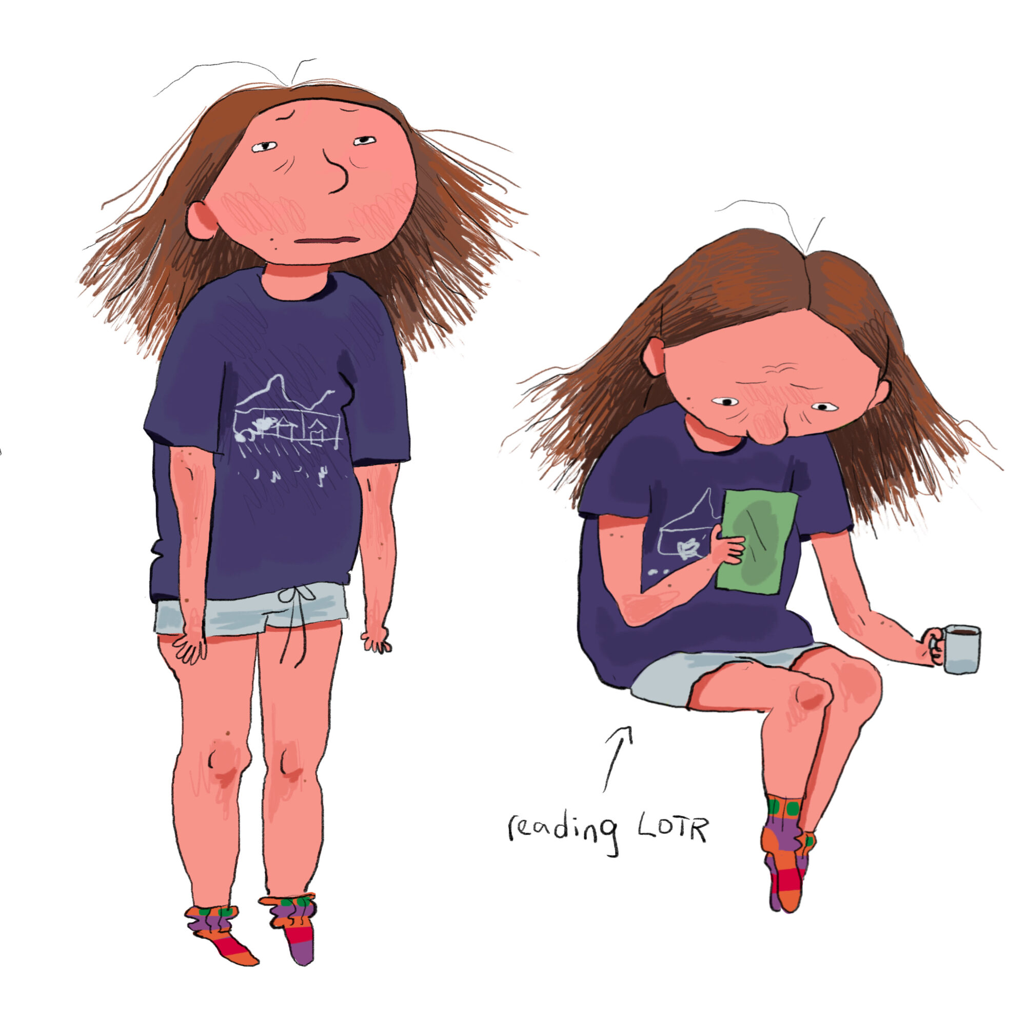 Two illustrations of a girl with messy hair, wearing a navy T-shirt and shorts, one standing and one sitting reading a phone.