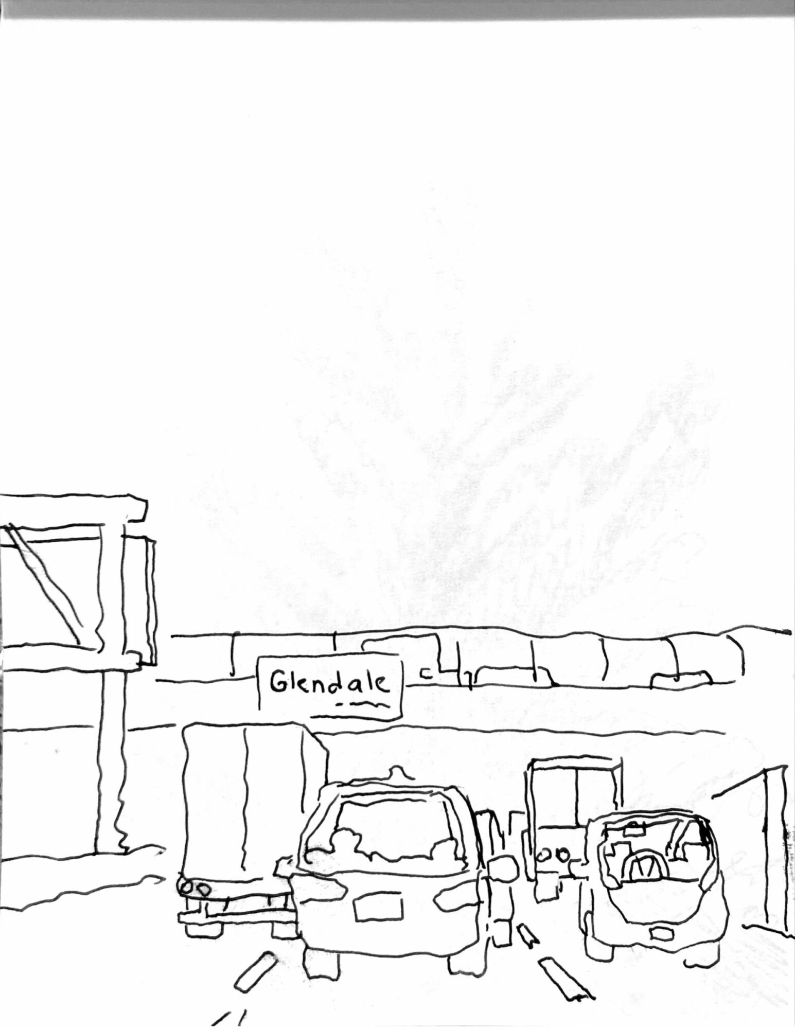 Line drawing of a street scene with cars, trucks, and a sign reading 'Glendale' under a cloudy sky.