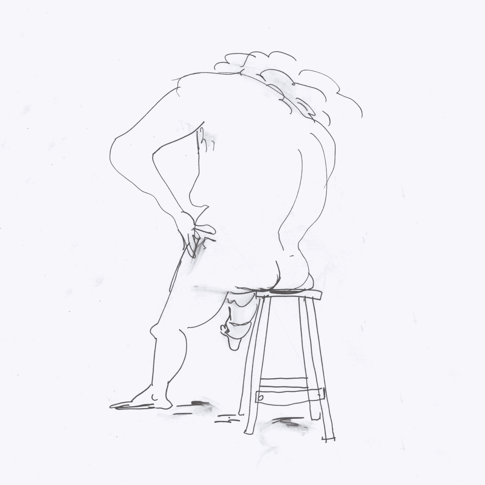 Line drawing of a person sitting on a stool, with their back turned, leaning forward with one hand on their knee.