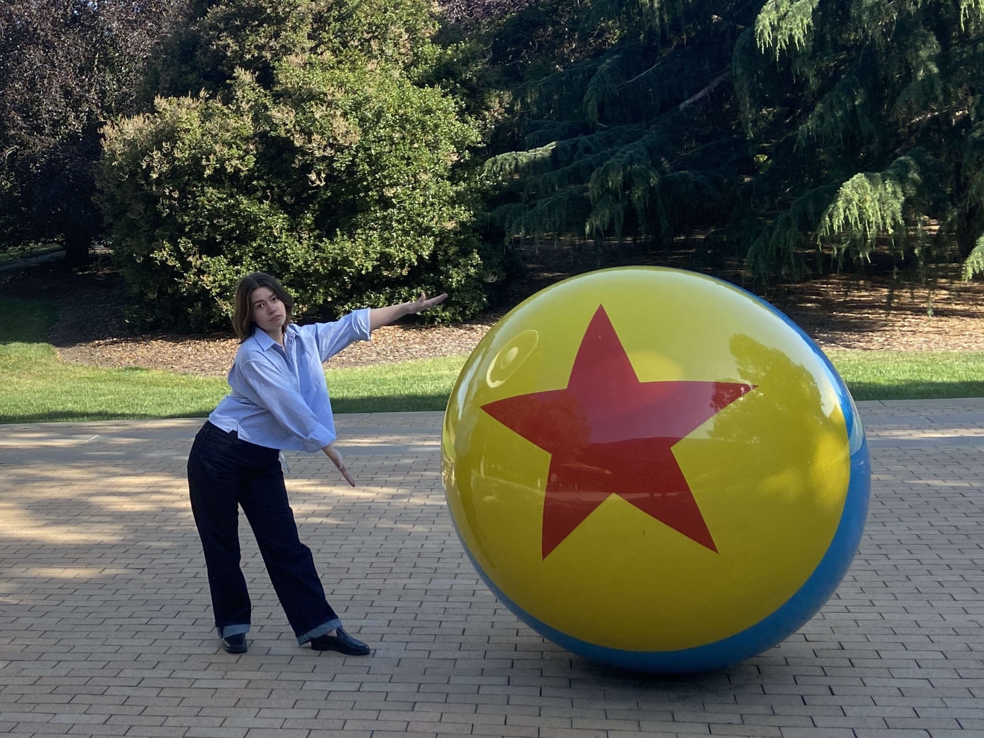 Person standing outdoors next to a large yellow ball with a red star, trees in the background.