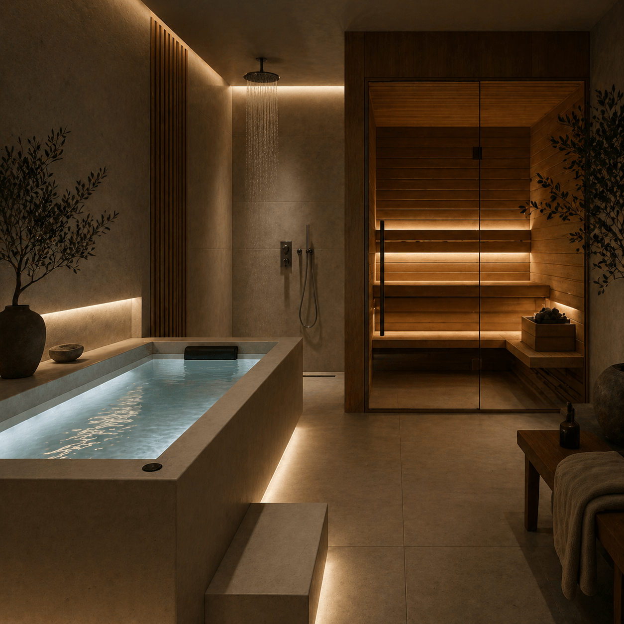 Spa room with a bathtub, sauna, and seating area, illuminated by warm lighting, with plants and wooden decor.