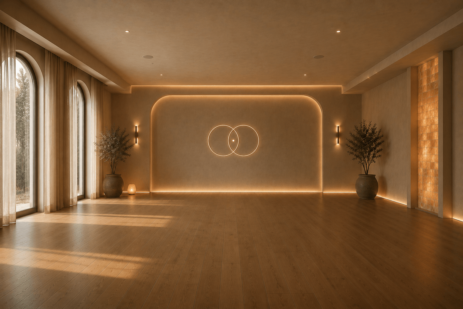 Empty room with wooden floor, large windows, potted plants, and a wall with circular light design, illuminated by warm lighting.