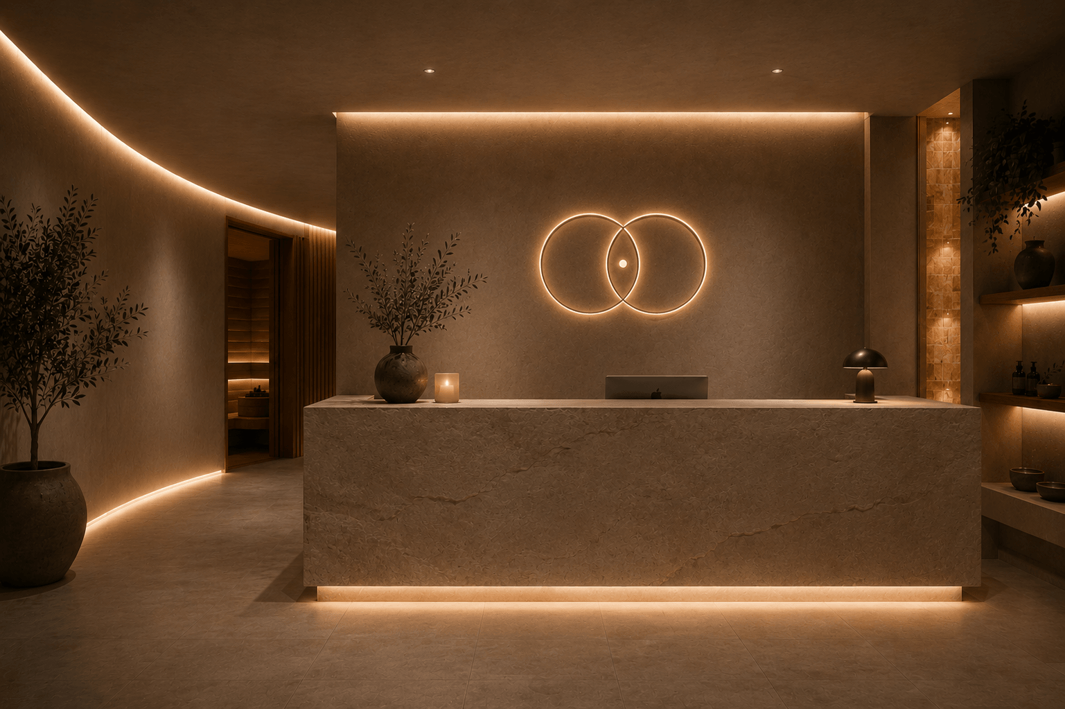 Modern reception area with illuminated circular wall art, potted plants, and warm lighting accents, minimalistic design, neutral tones.