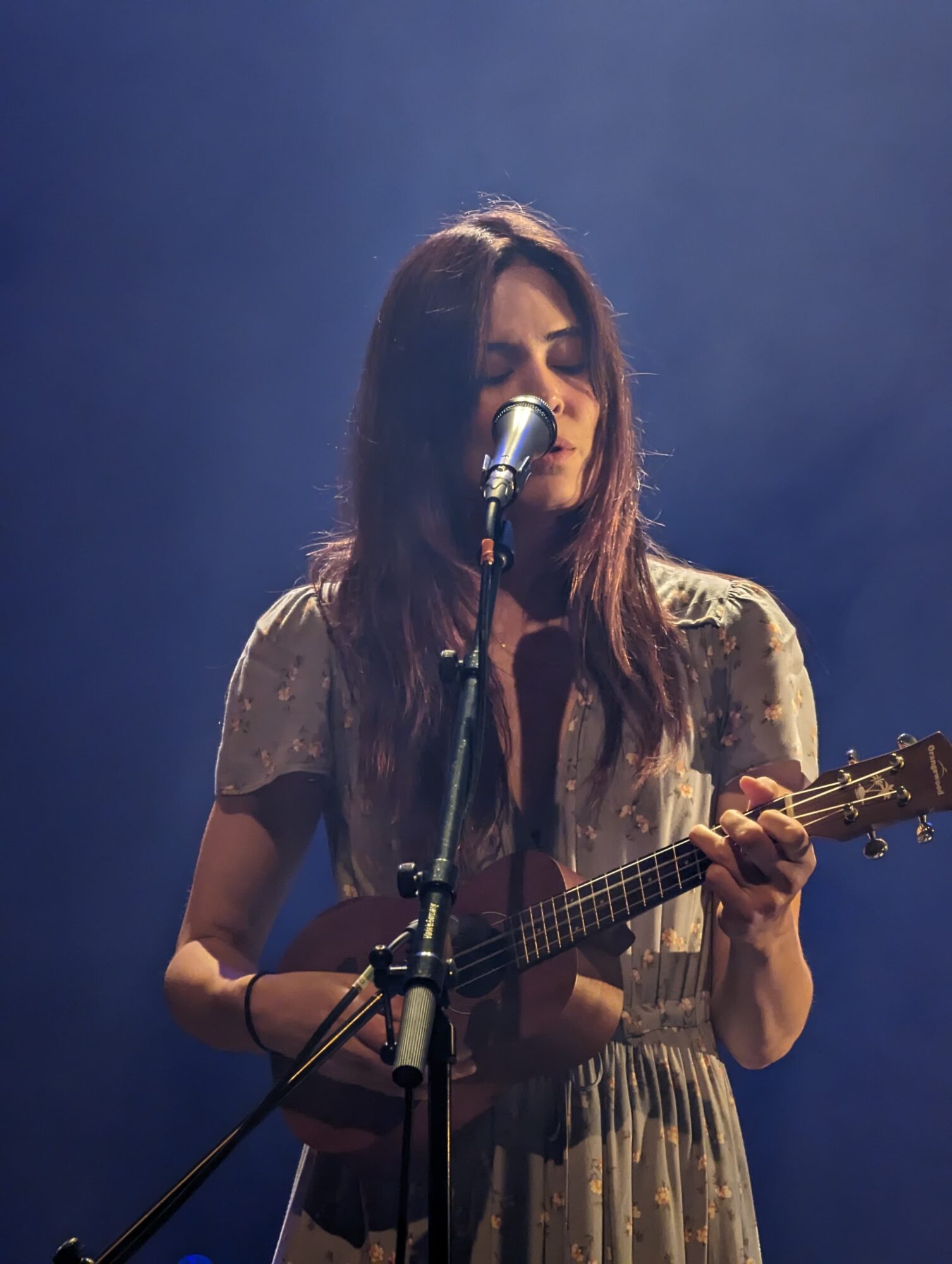 Woman singing into microphone while playing ukulele on stage with blue background.