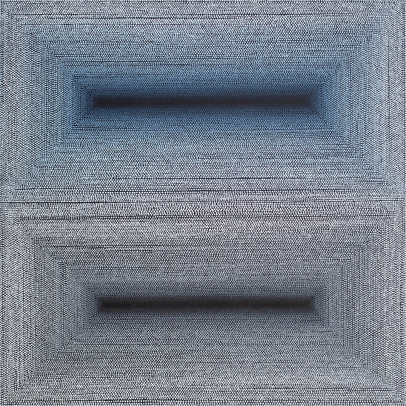 Two rectangular openings in a textured surface, aligned vertically, with shadows inside each opening.