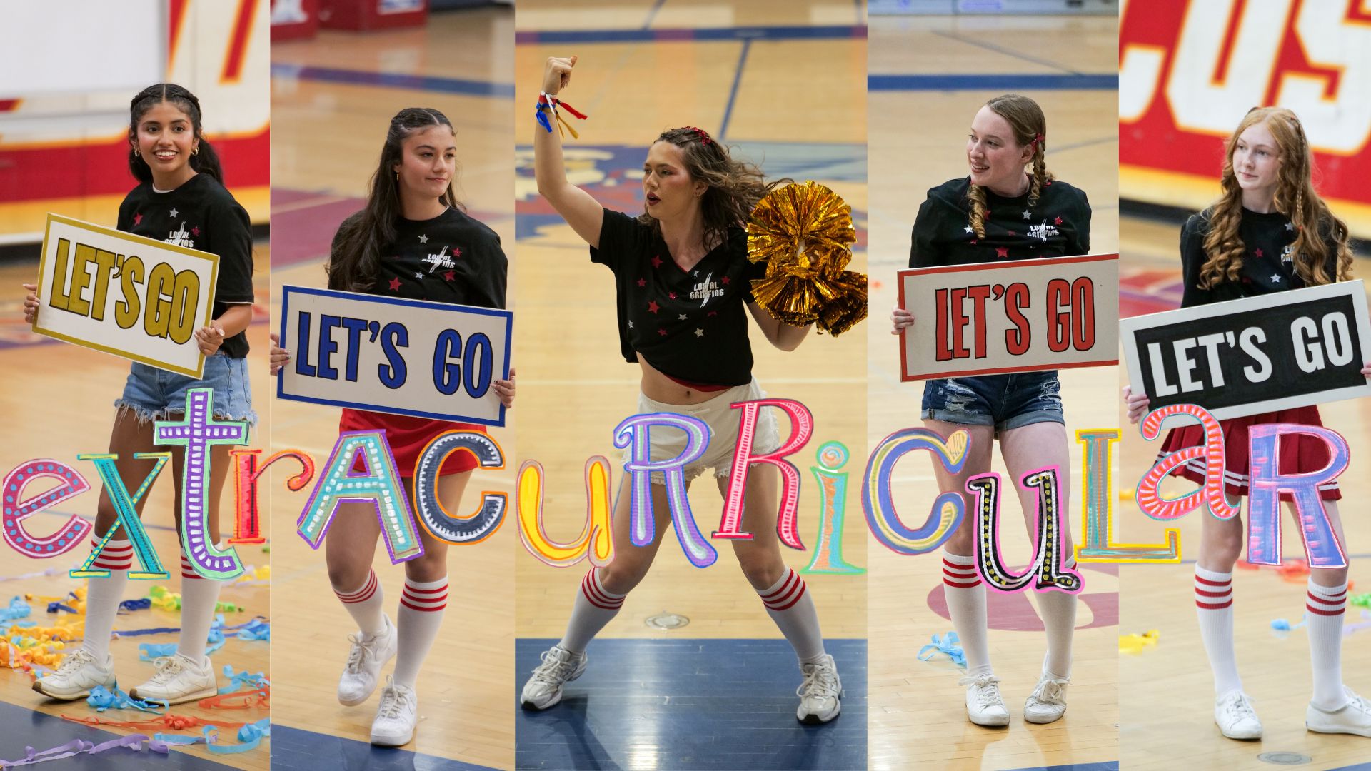 Five cheerleaders holding signs with 'Let's Go' and 'Let's Go 60,' with colorful letters spelling 'extraordinary' in front.