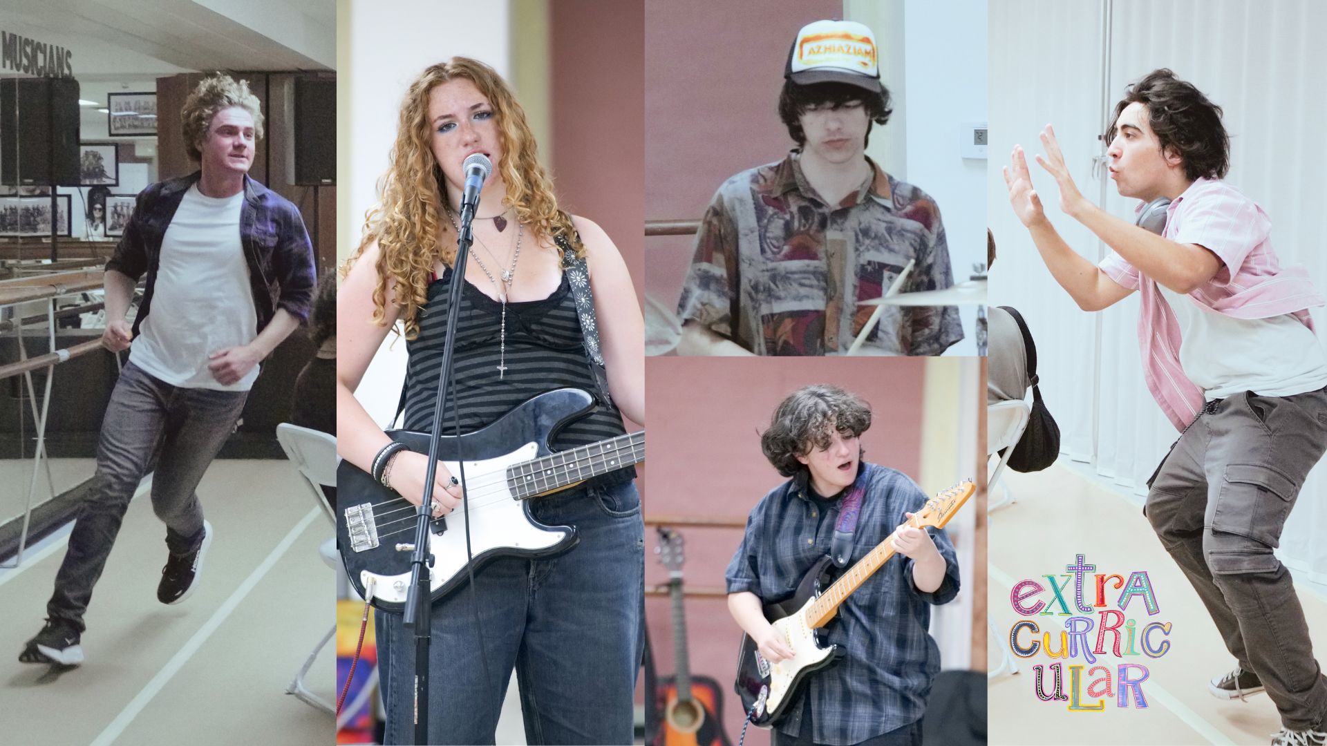 Group of young people performing and practicing music, some with guitars, in an indoor setting.