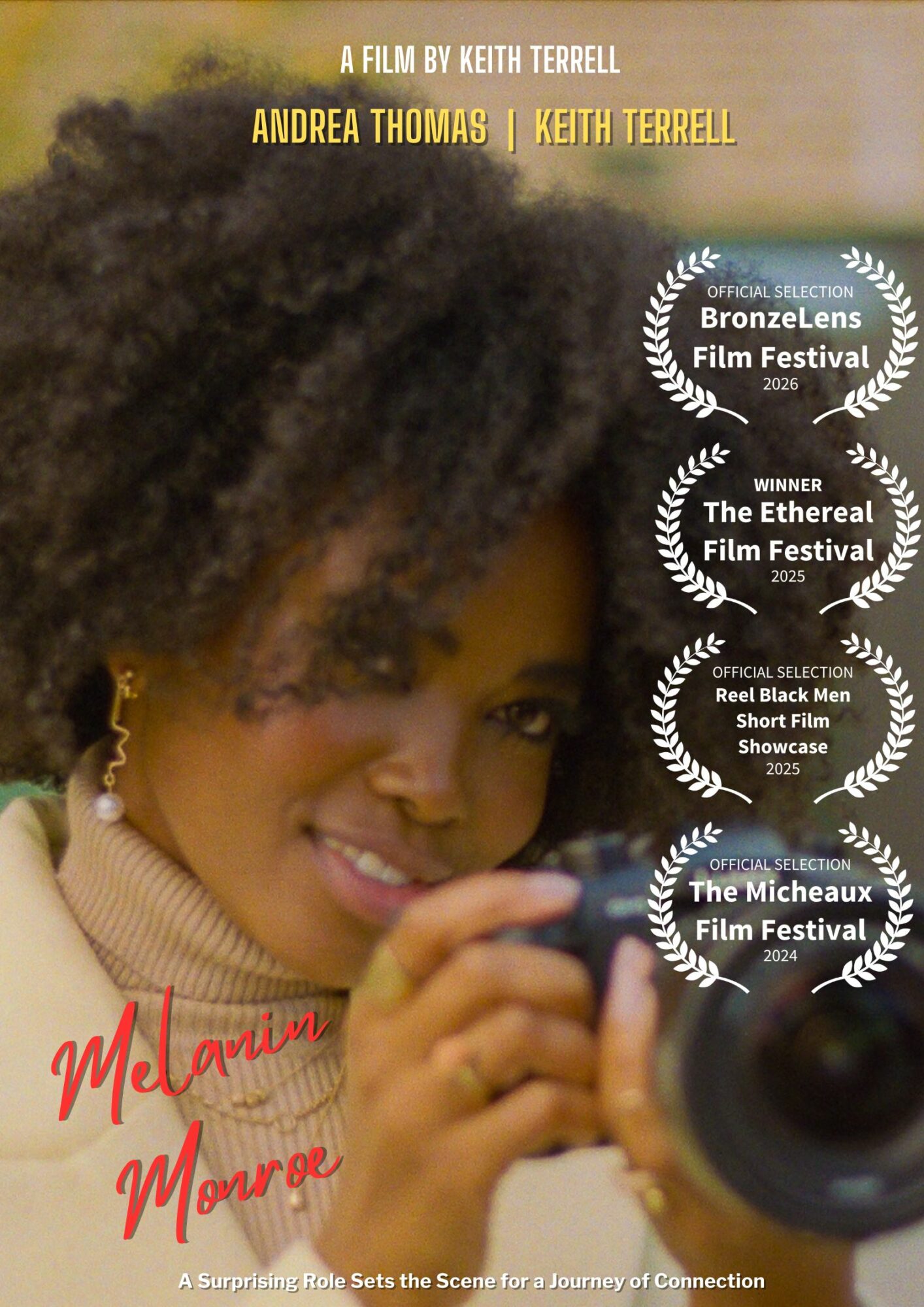 Close-up of a woman with curly hair holding a camera, smiling, with film festival laurels and text overlayed.