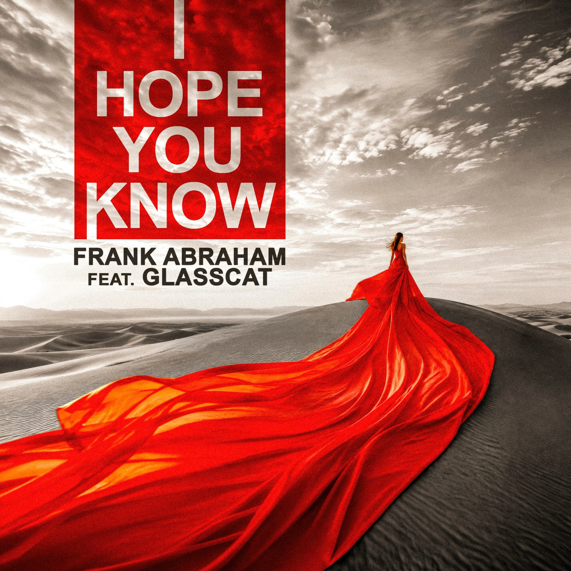 A person in a flowing red dress stands on a desert landscape with a cloudy sky, and a poster with text in the background.