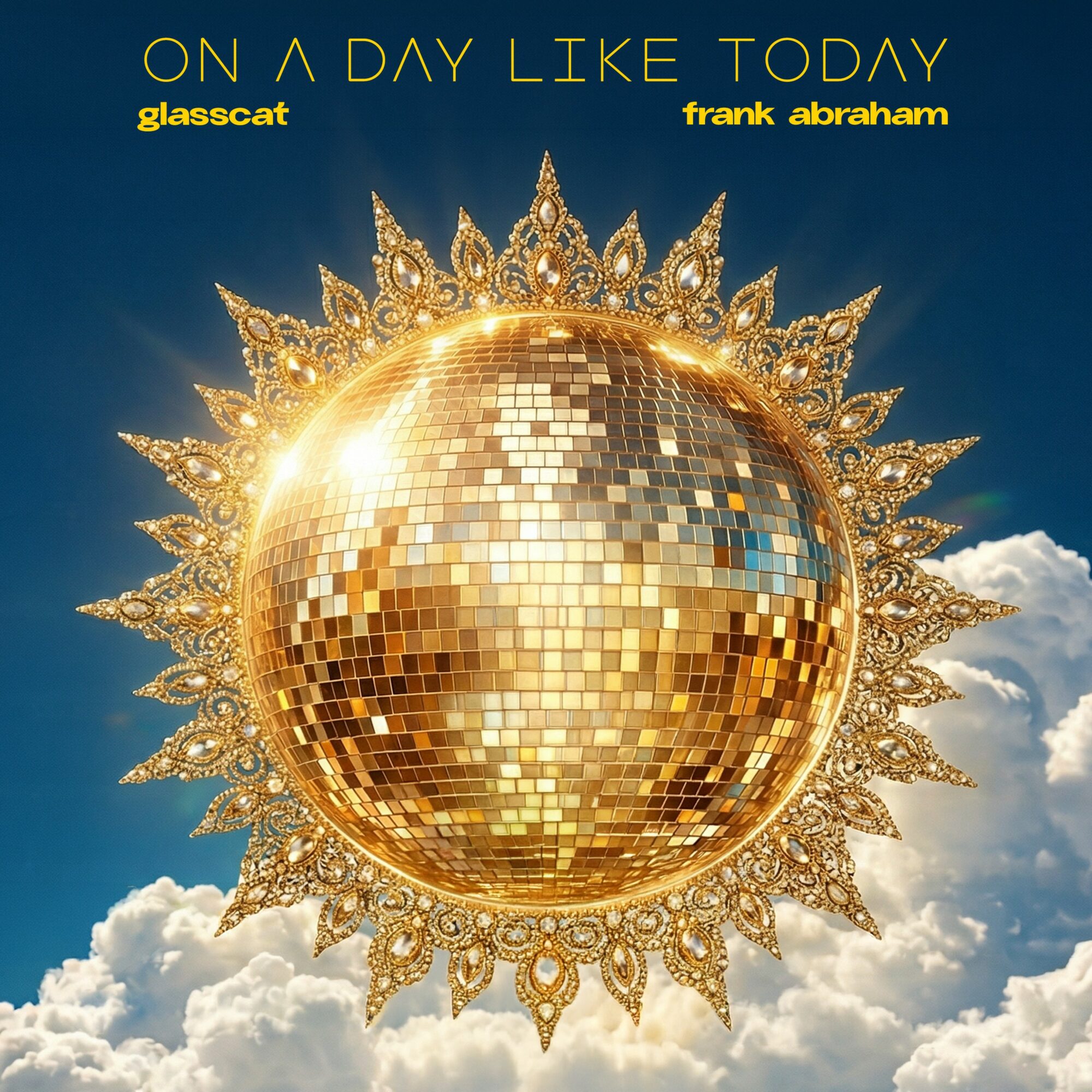 A golden disco ball with sunburst design floats in the sky with clouds, reflecting sunlight, against a blue sky background.