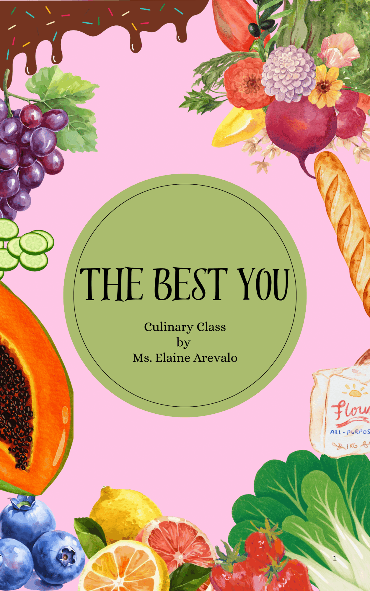 Book cover with colorful fruits and flowers, pink background, title 'The Best You' and author Ms. Elaine Arevalo.