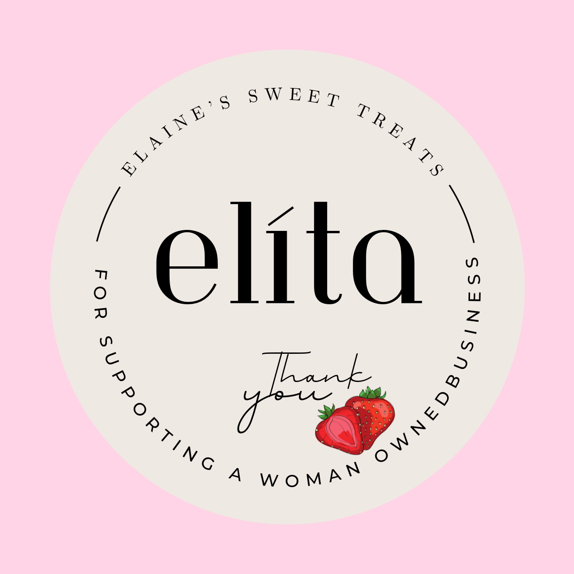 Pink background with a white circle containing text and a strawberry illustration, thanking for supporting women-owned business.