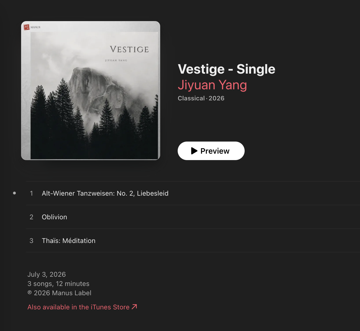 Album cover with misty mountains and trees, titled 'VESTIGE'.