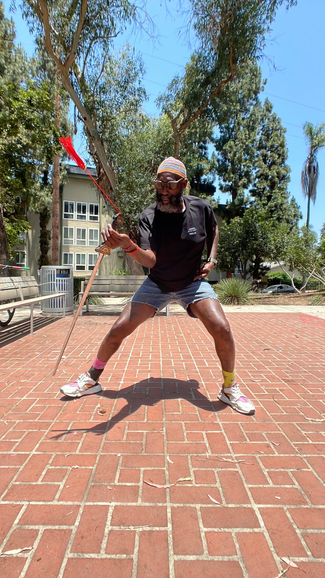 Person standing outdoors on brick pavement, holding a stick, with trees and buildings in background.