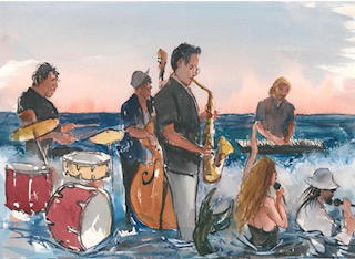 Group of musicians playing instruments outdoors near water, with a sunset sky in the background.
