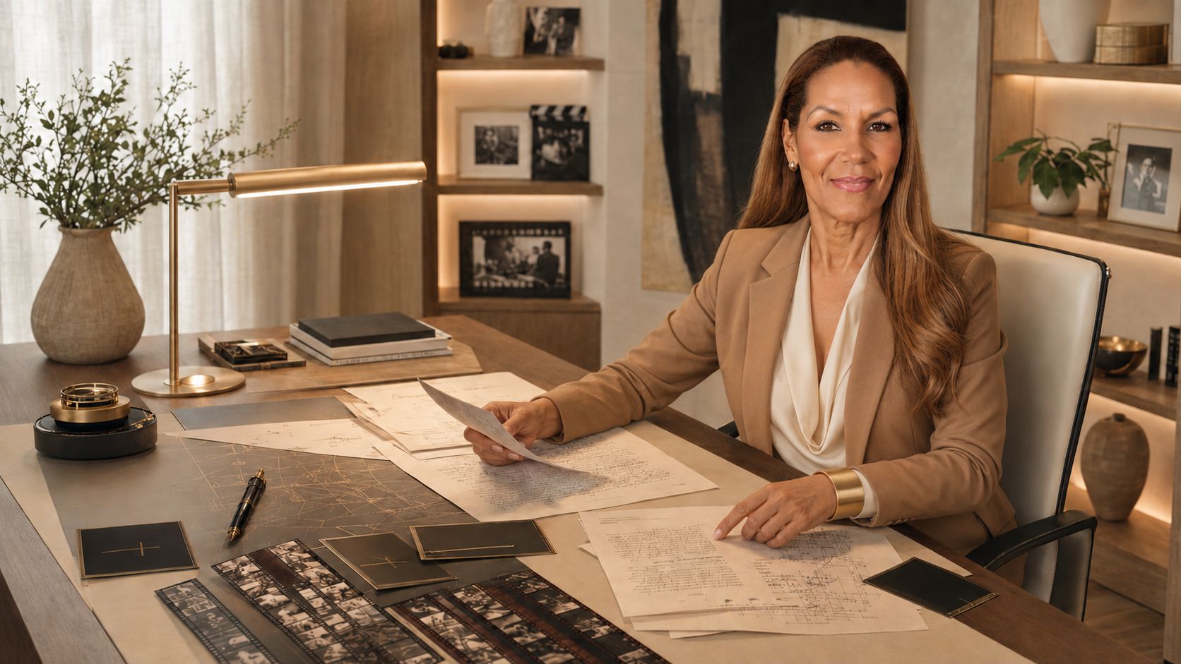 Woman sitting at a desk in an office, smiling, with papers and a computer in front of her.