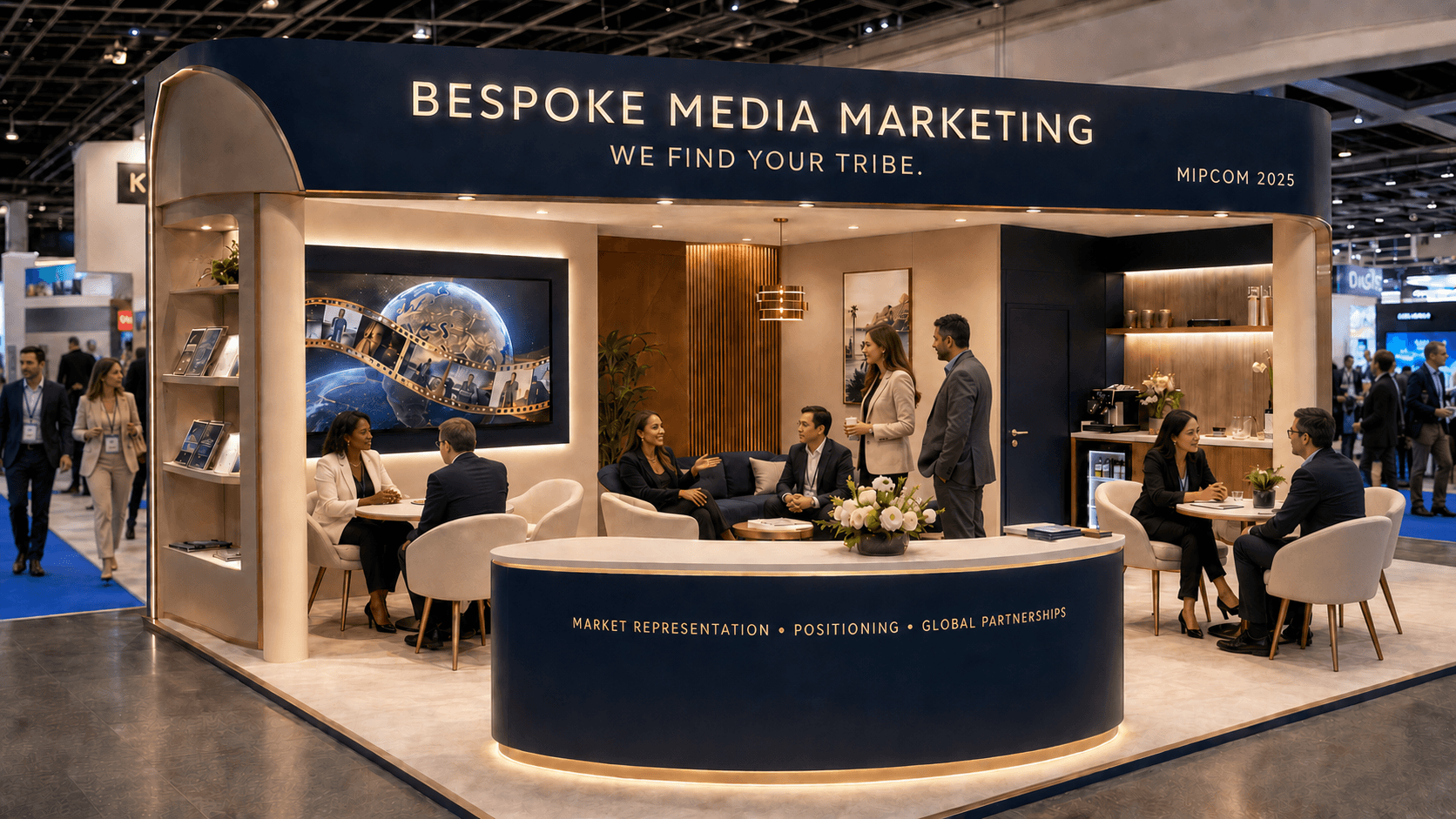 Exhibition booth with seating area, people talking, and a large screen displaying a landscape image, with a sign reading 'Bespoke Media Marketing'.