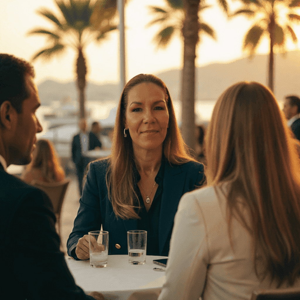 Three people sitting at a table outdoors with palm trees in the background, engaged in conversation during sunset.
