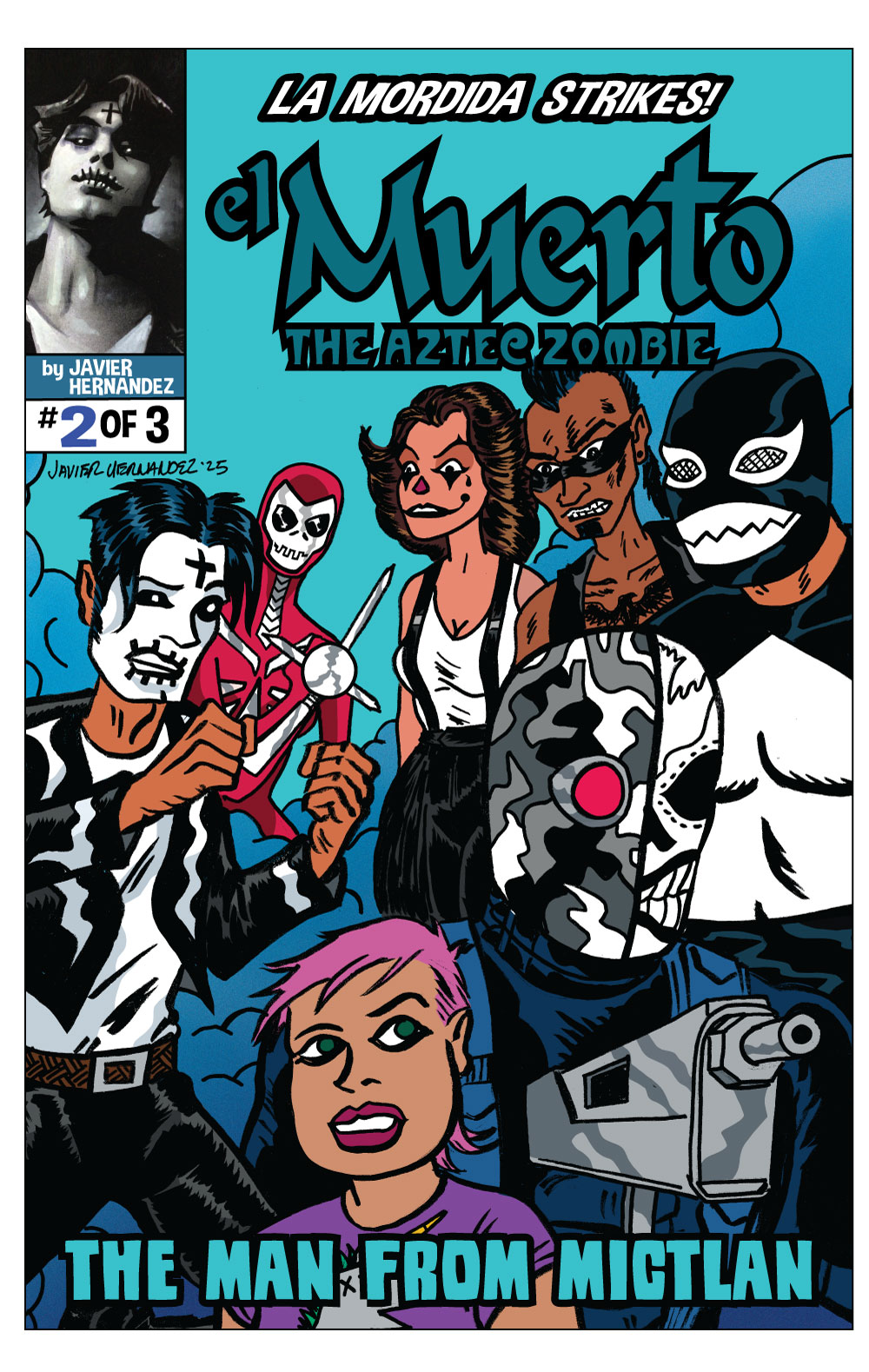 Comic book cover titled 'El Muerto: The Aztec Zombie' featuring diverse characters, including a woman with purple hair, a masked figure, and others, with blue background.