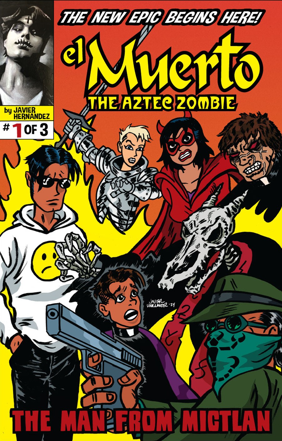 Comic book cover titled 'El Muerto: The Aztec Zombie' featuring diverse characters, a skull, and a yellow background.