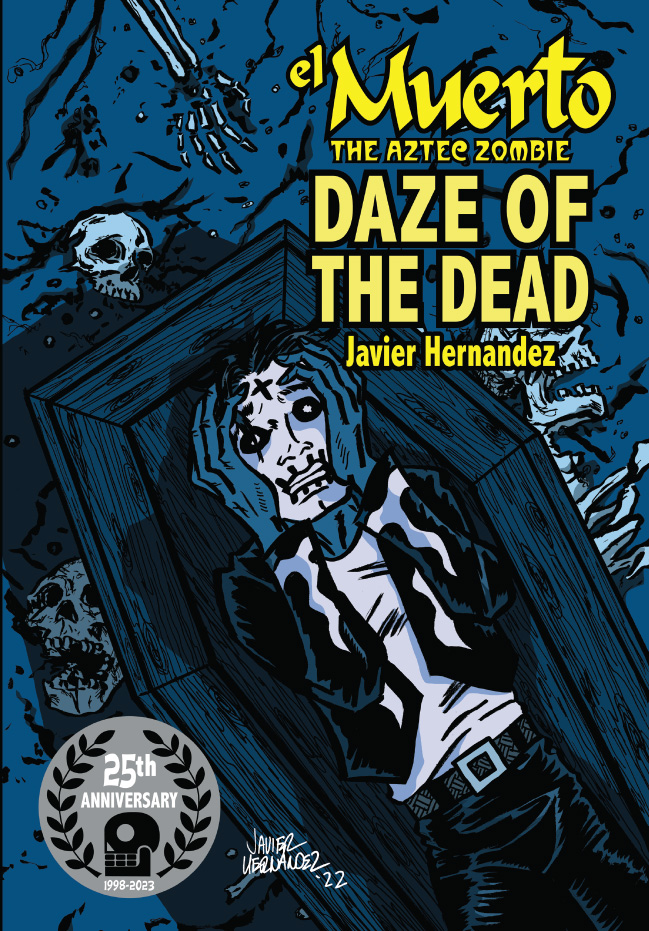 Comic book cover featuring a zombie in a coffin, with a dark blue background and yellow title text.