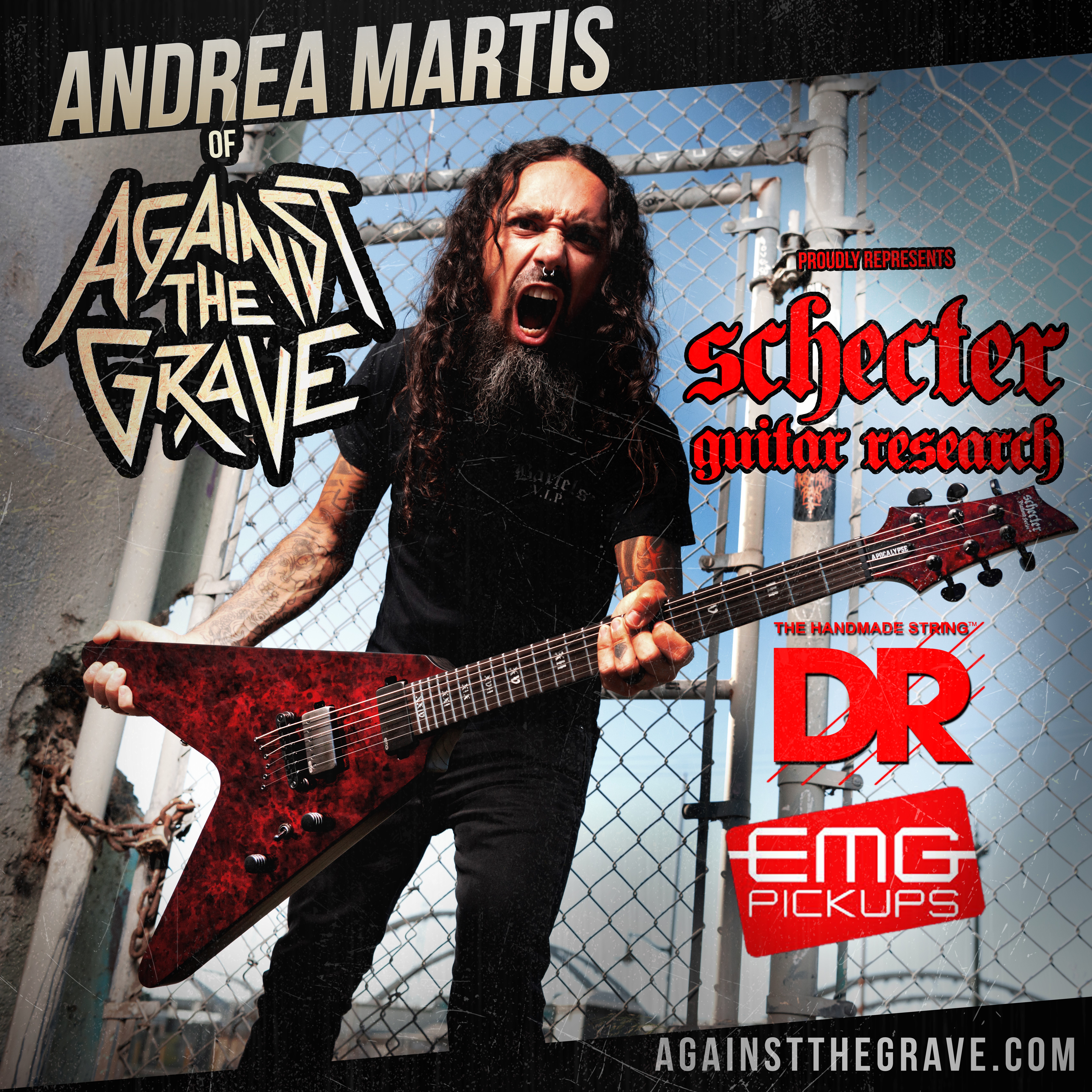 Person with long hair and beard holding a red electric guitar, shouting, against a chain-link fence background.