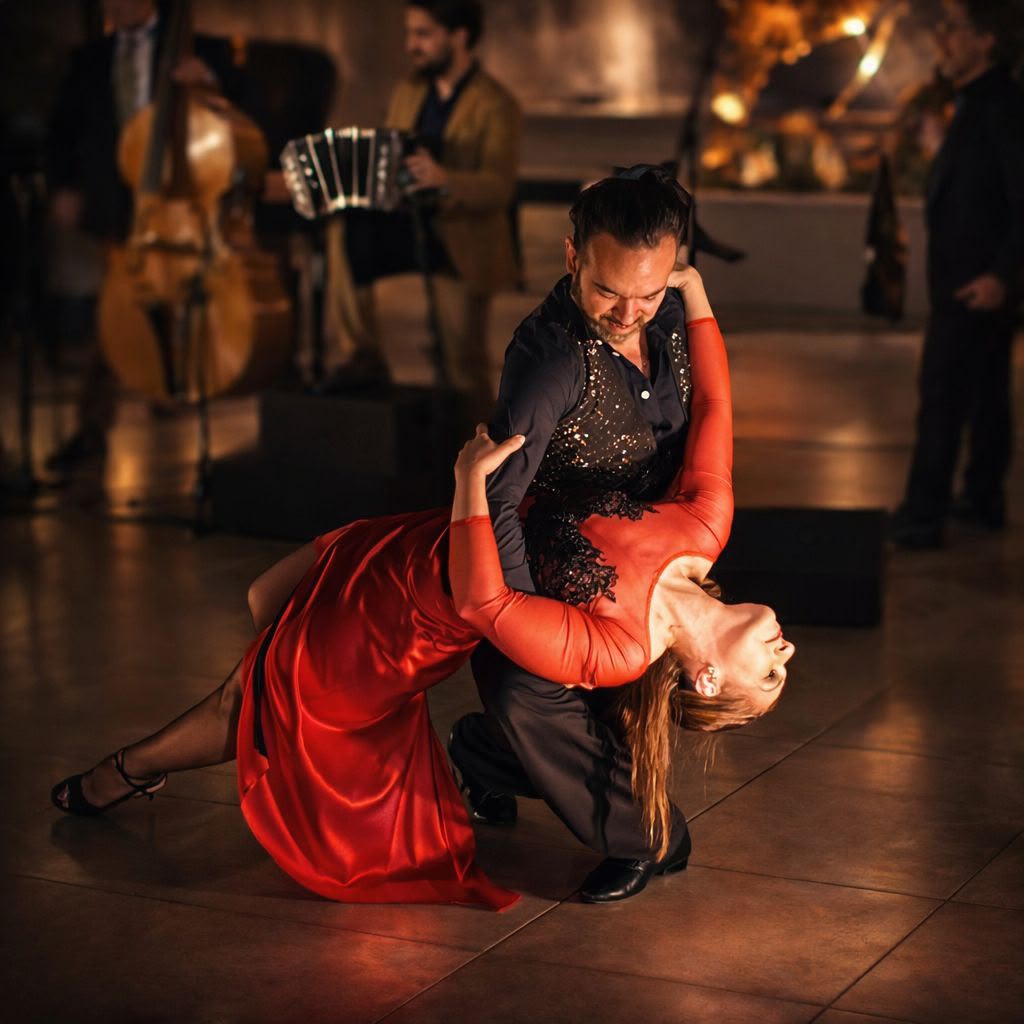 A couple dancing passionately on a dimly lit dance floor with musicians in the background.