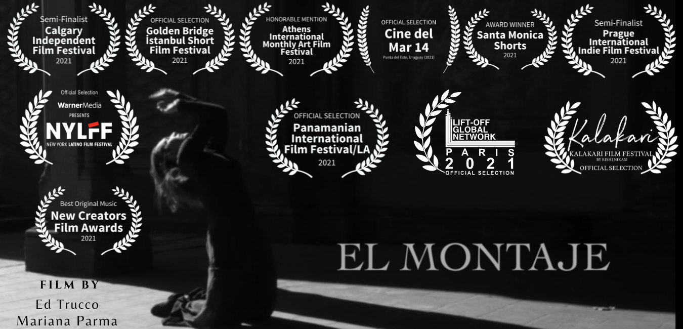 Person standing on stage with multiple film festival laurels and awards displayed behind, and text reading 'EL MONTAJE'.