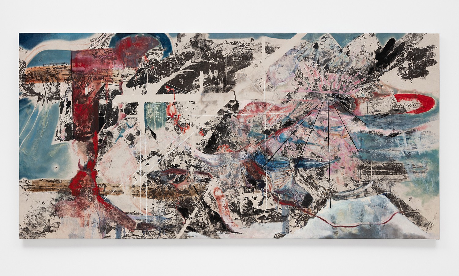 Abstract painting with various colors, textures, and overlapping shapes on a rectangular canvas.