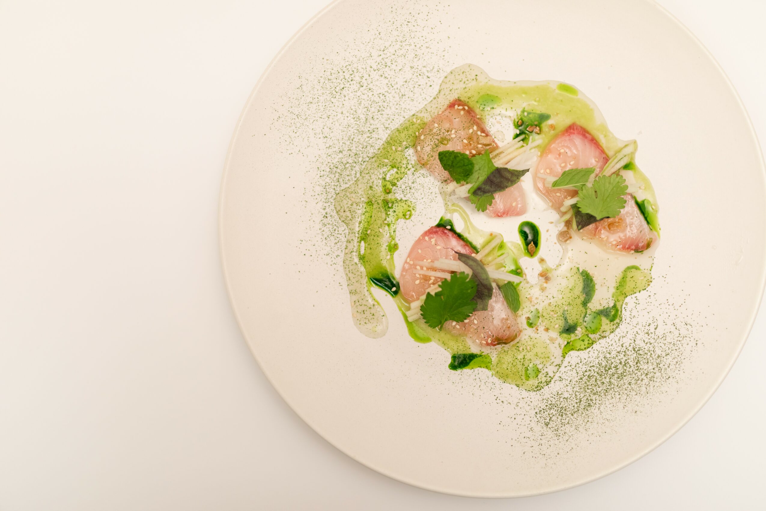 Plate with sliced fish, green sauce, herbs, and garnishes on a white dish, minimal background, top-down view.