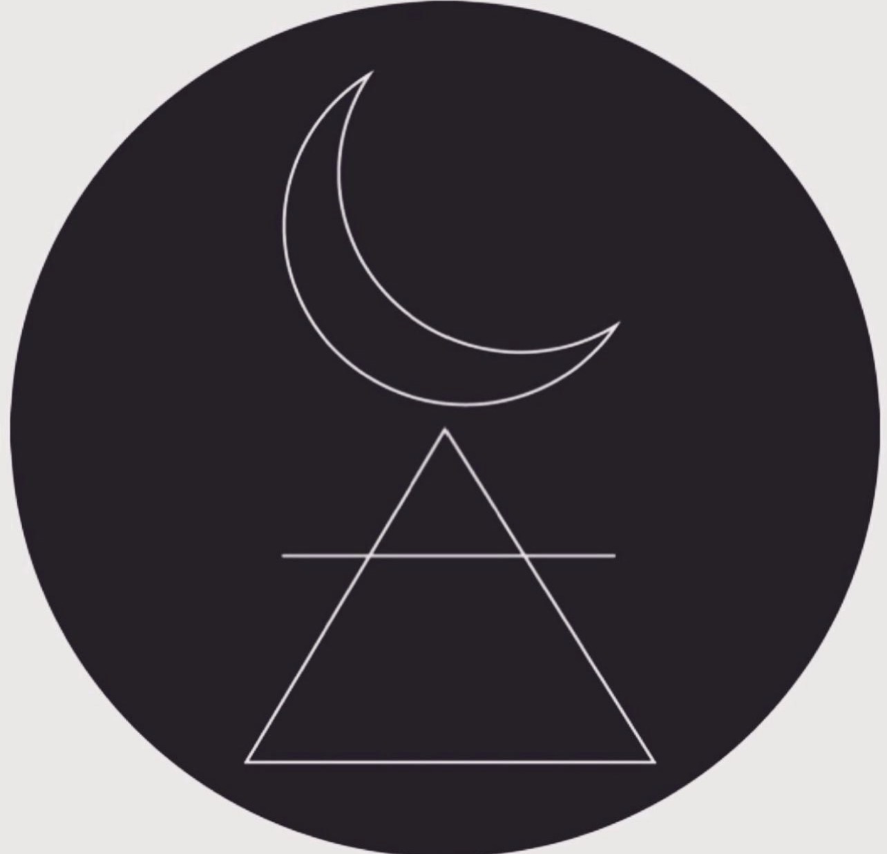 A crescent moon above a triangle with a horizontal line through its middle, all on a black circular background.