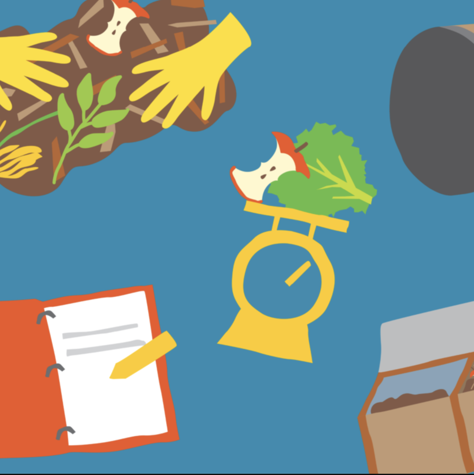Hands wearing yellow gloves handling soil and plants, a scale with a vegetable, a notebook, and a box on a blue surface.