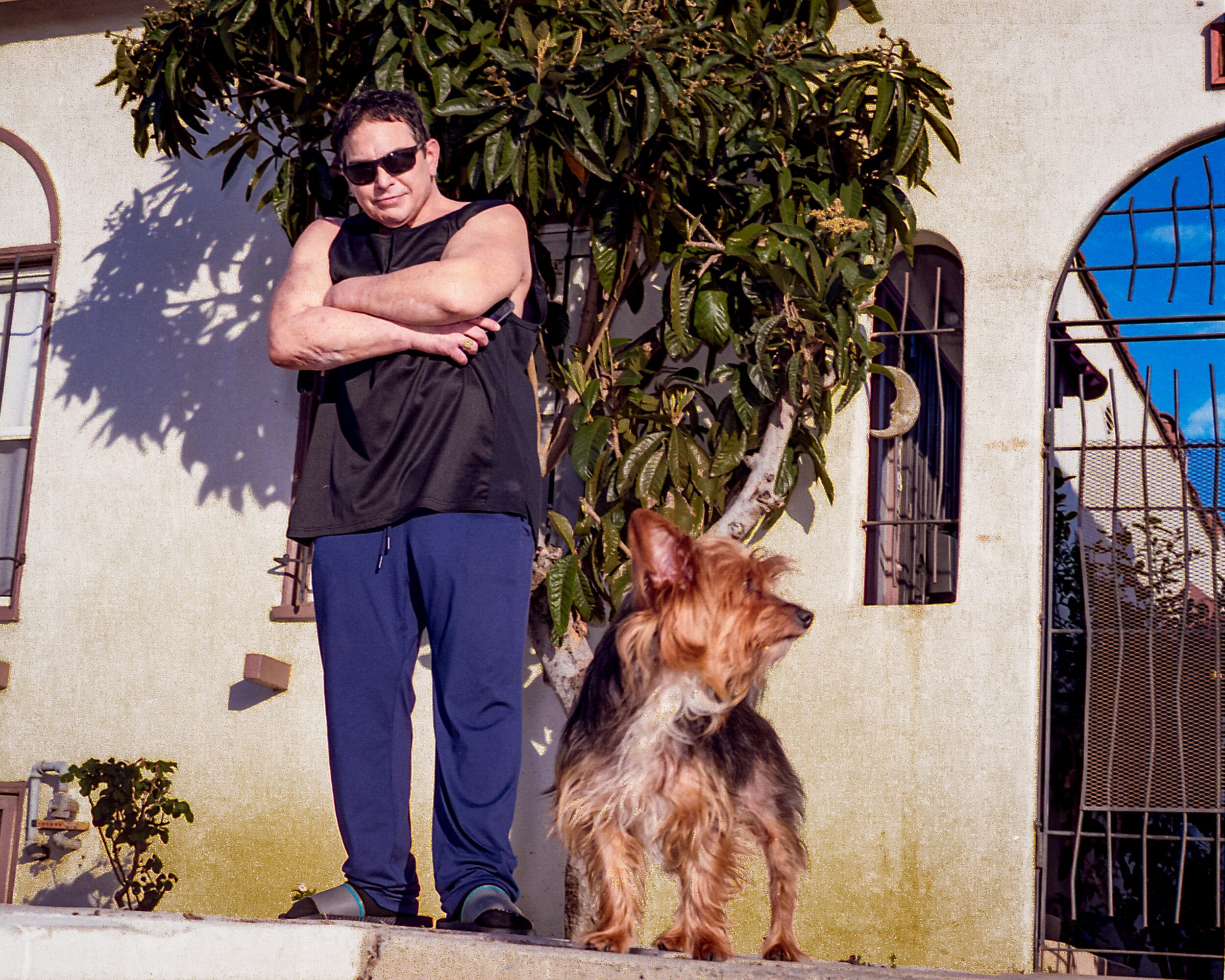 Person with crossed arms standing next to a large dog outdoors, with a tree and building in the background.