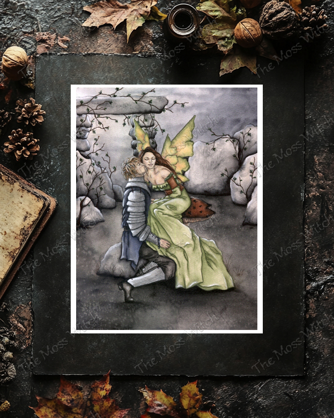 A fairy with green wings and a woman sit on a rock in a forest, surrounded by rocks and trees, with a cloudy sky.