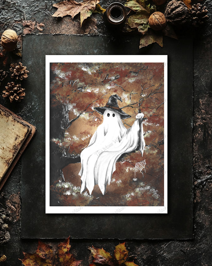 A Halloween-themed illustration of a ghost wearing a witch hat, holding a broomstick, set against autumn leaves background.