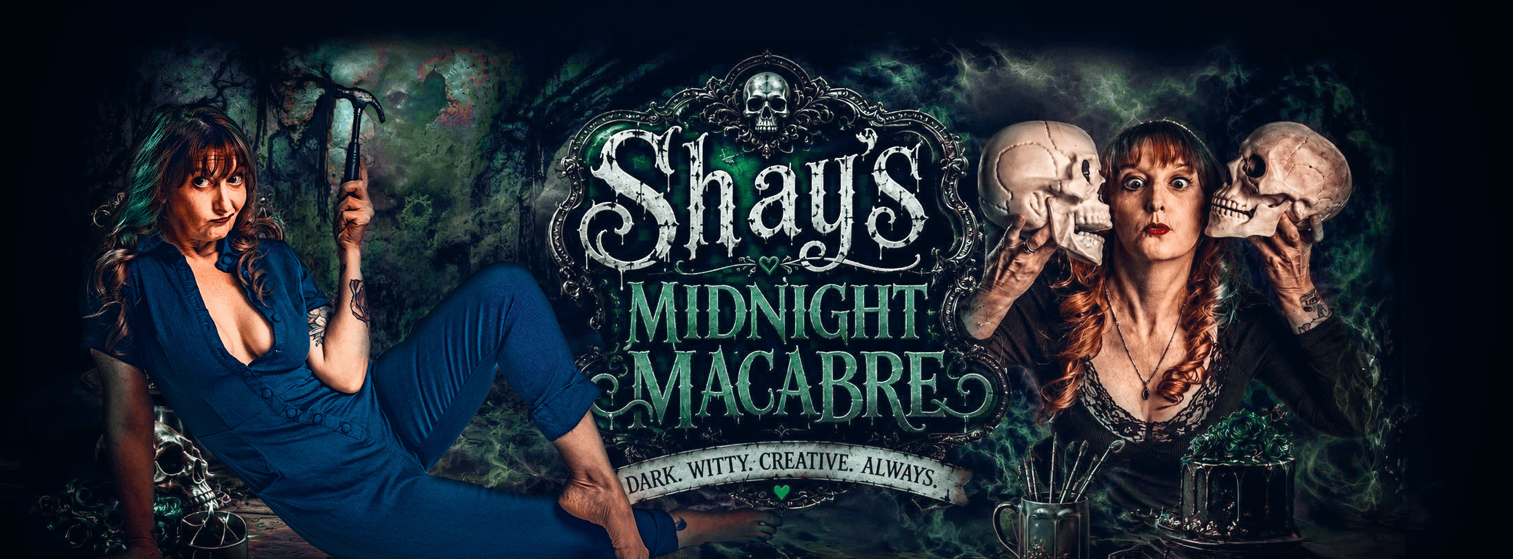 Two women in dark clothing with a spooky background, surrounded by skulls and eerie trees, promotional poster for 'Shay's Midnight Macabre'.