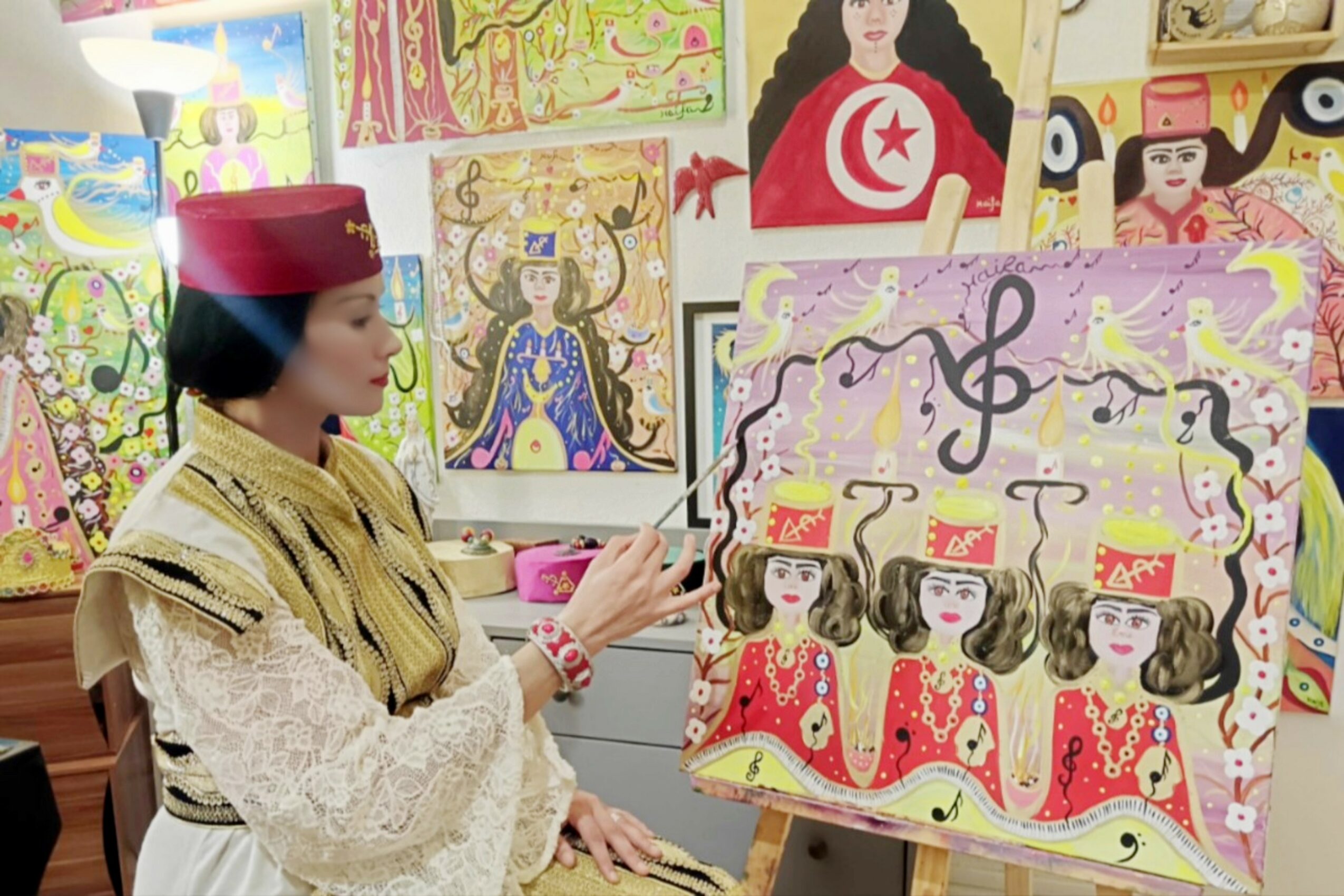 Woman in traditional attire painting colorful artwork with three women in red dresses, surrounded by various paintings, in an art studio.