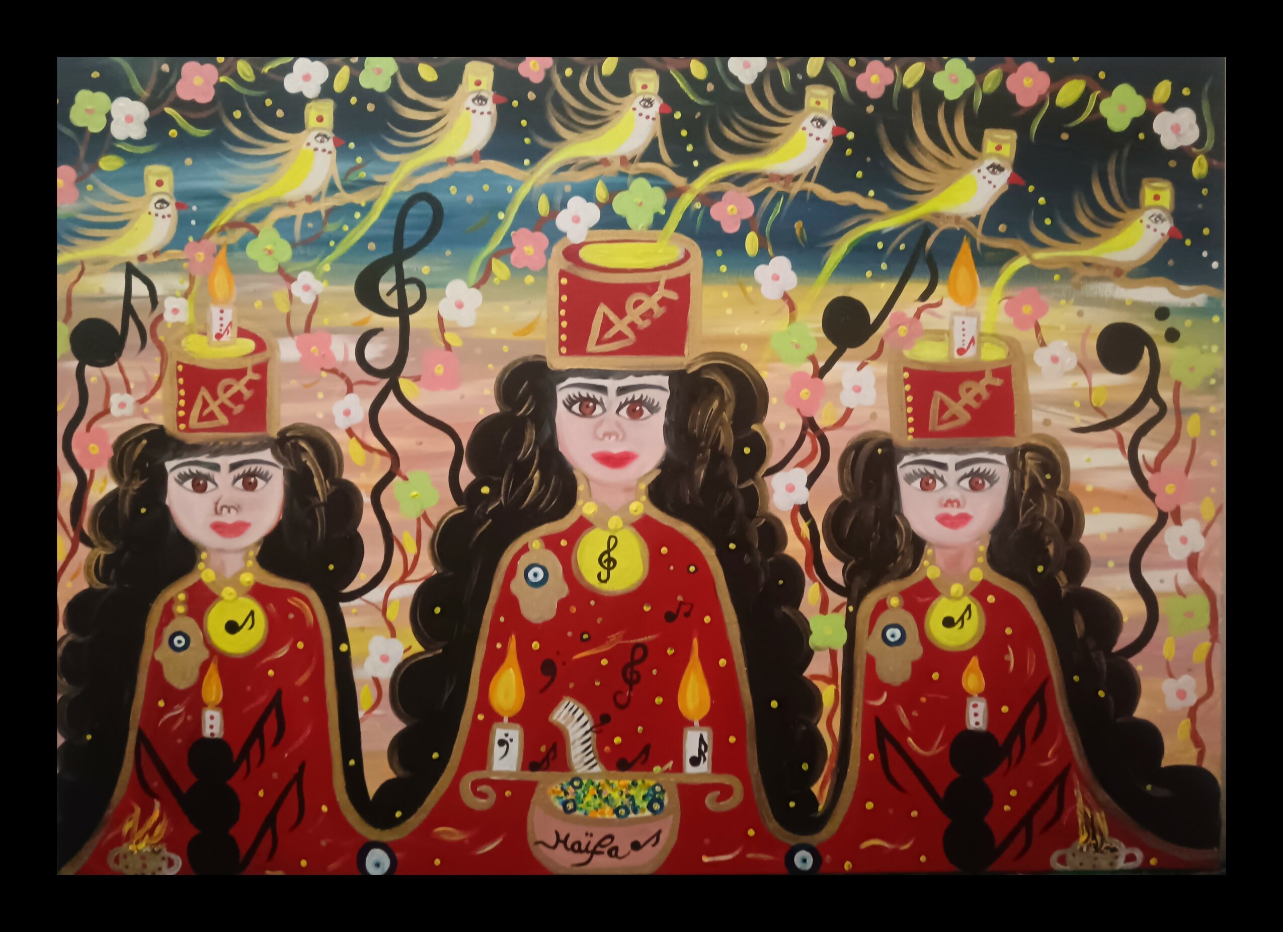 Three women in red dresses with candles on their heads, surrounded by unicorns and musical notes, colorful background.