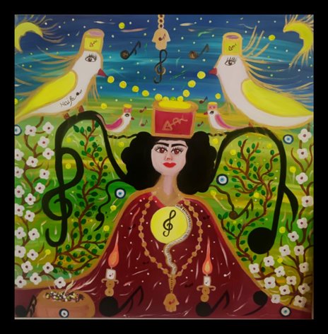 A woman with dark hair and a red dress sits among green trees with musical notes, birds, and a colorful sky.