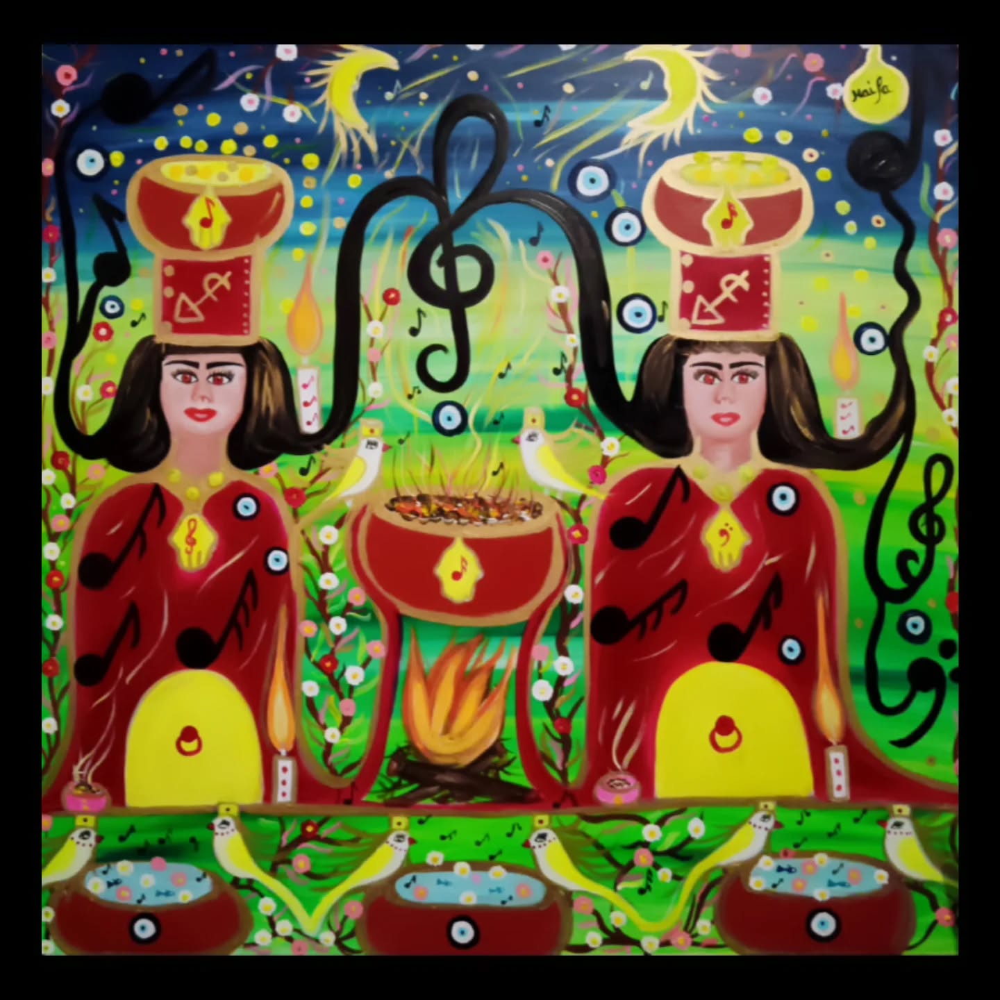 Two women with black hair and red dresses sit beside large red bowls with yellow symbols, surrounded by colorful abstract patterns.