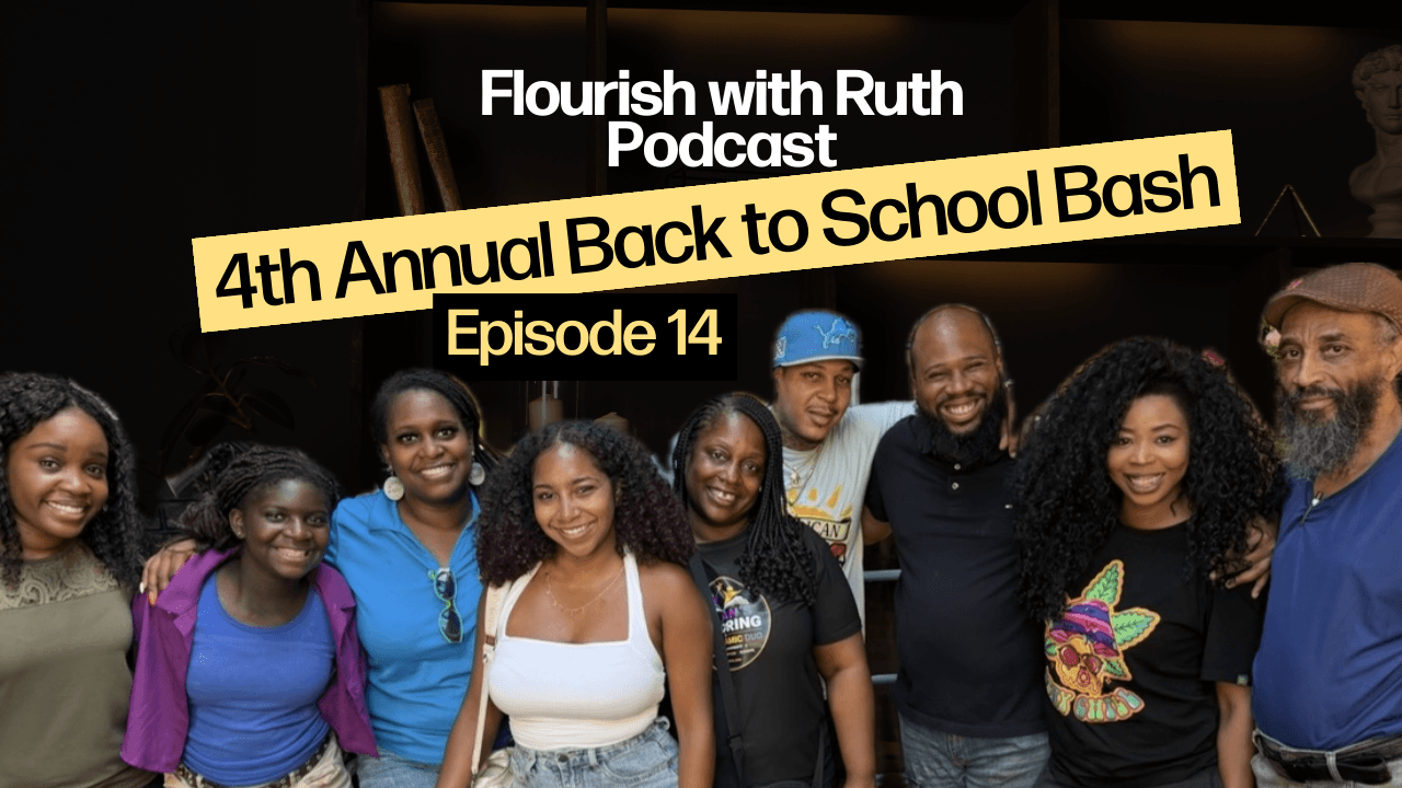 Group of diverse people smiling outdoors, with text about a podcast episode and back-to-school event.