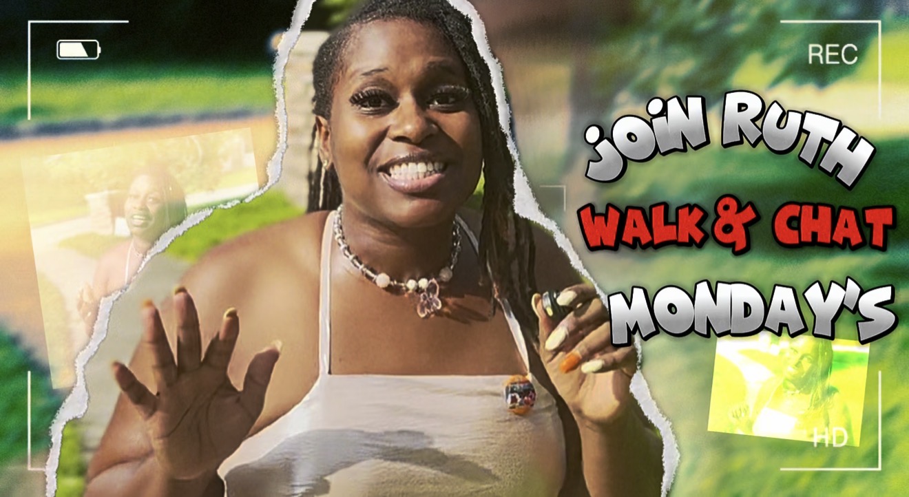 Smiling woman waving outdoors with text about joining Ruth for walk and chat on Monday.