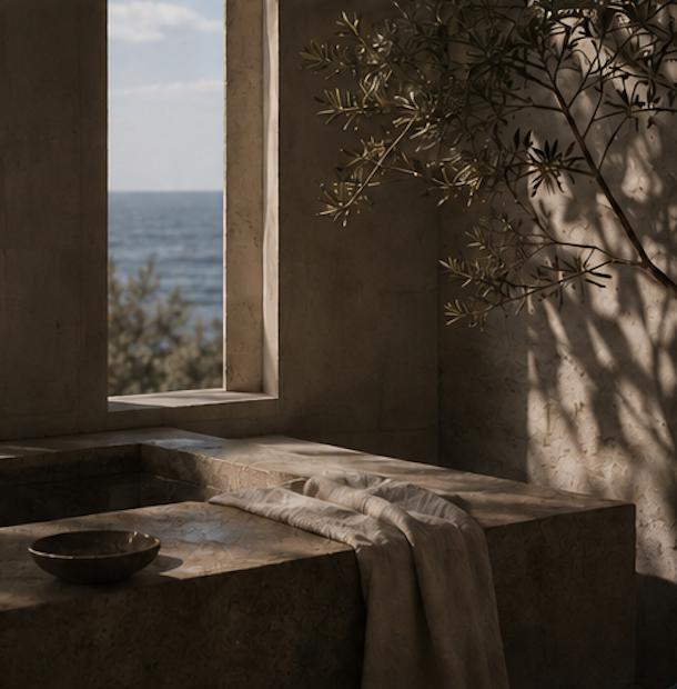View of a window with a sea view, a stone ledge with a cloth, and shadows of a tree on the wall.