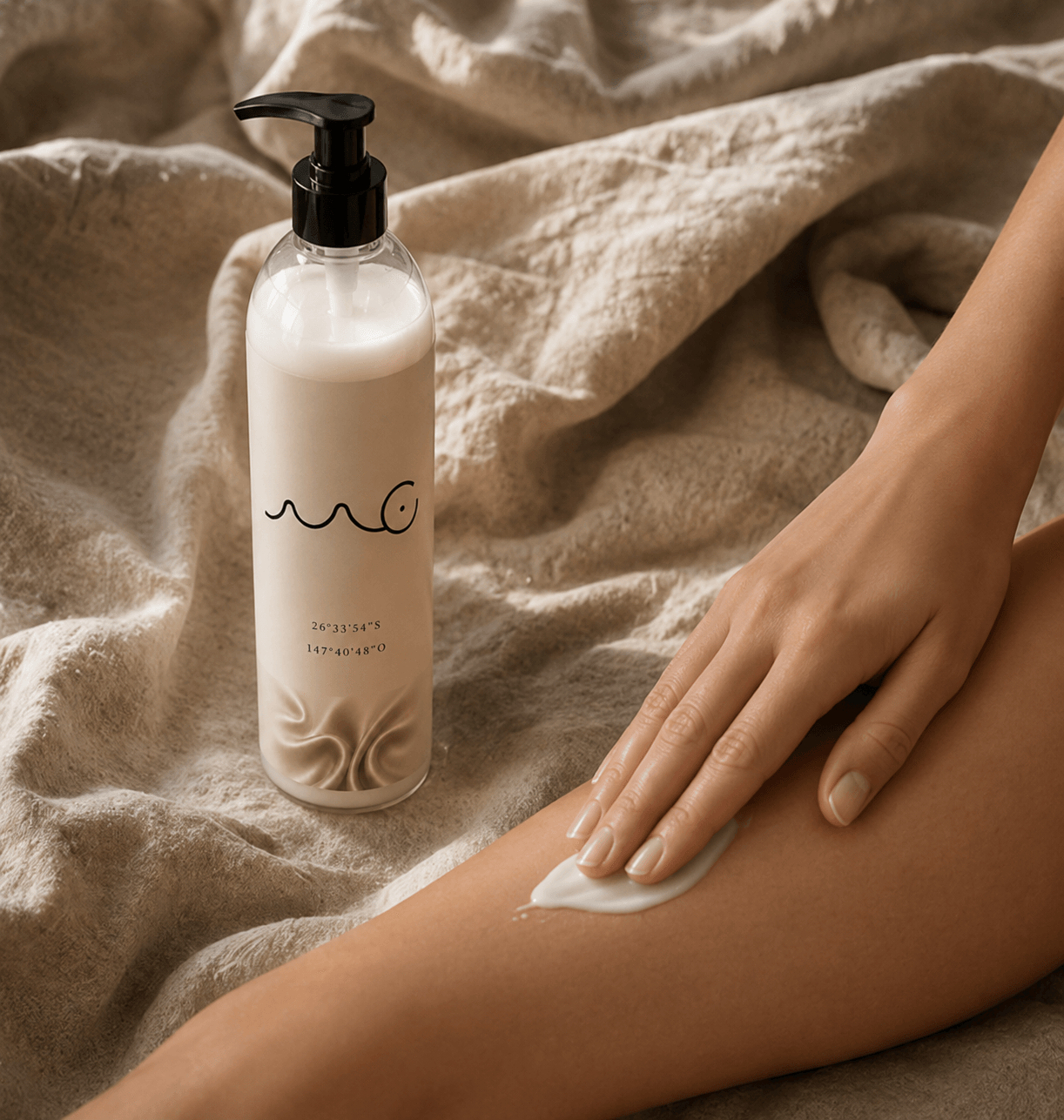 Person applying lotion to their leg with a pump bottle nearby on a soft fabric surface.