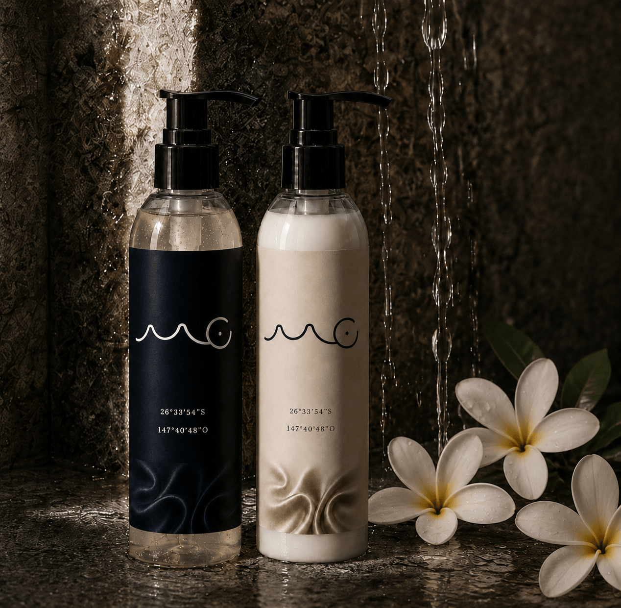 Two pump bottles, one black and one white, with flowers beside them, set against a textured background.