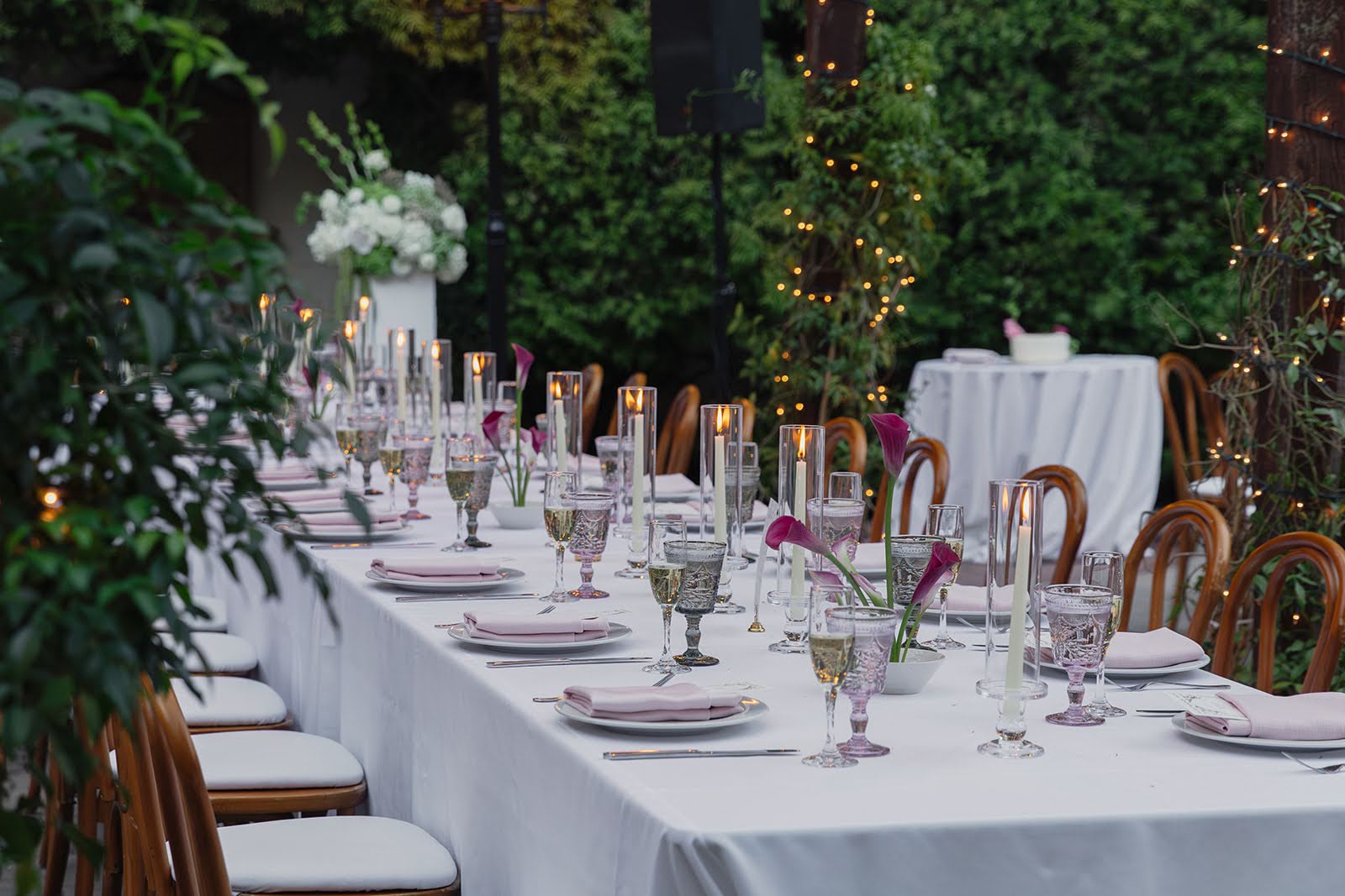 Long table set for an outdoor event with chairs, glassware, and floral decorations, surrounded by greenery and string lights.