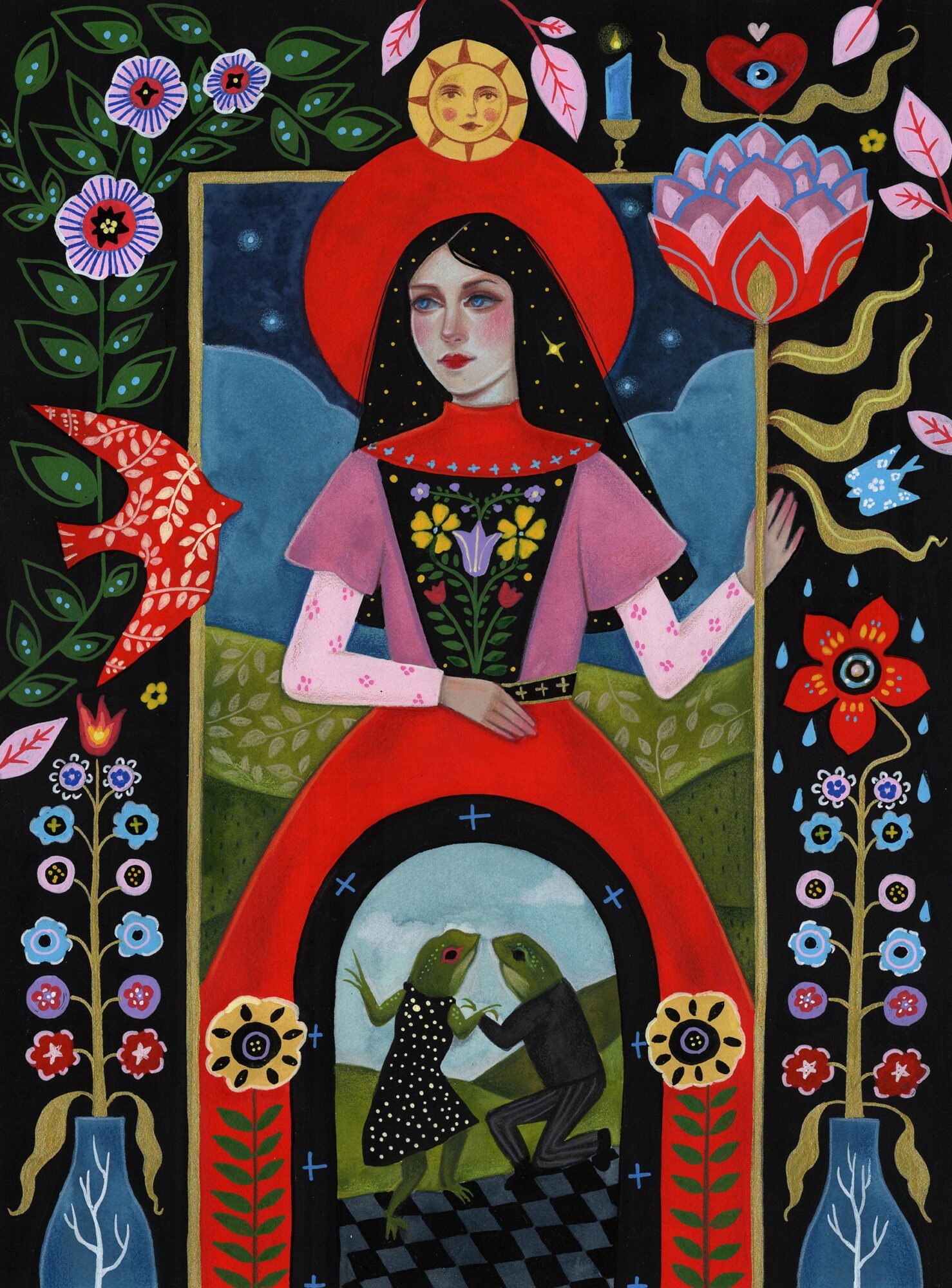 A woman with a red halo holds a flower, surrounded by colorful flowers, birds, and a moon with two frogs, in a vibrant scene.